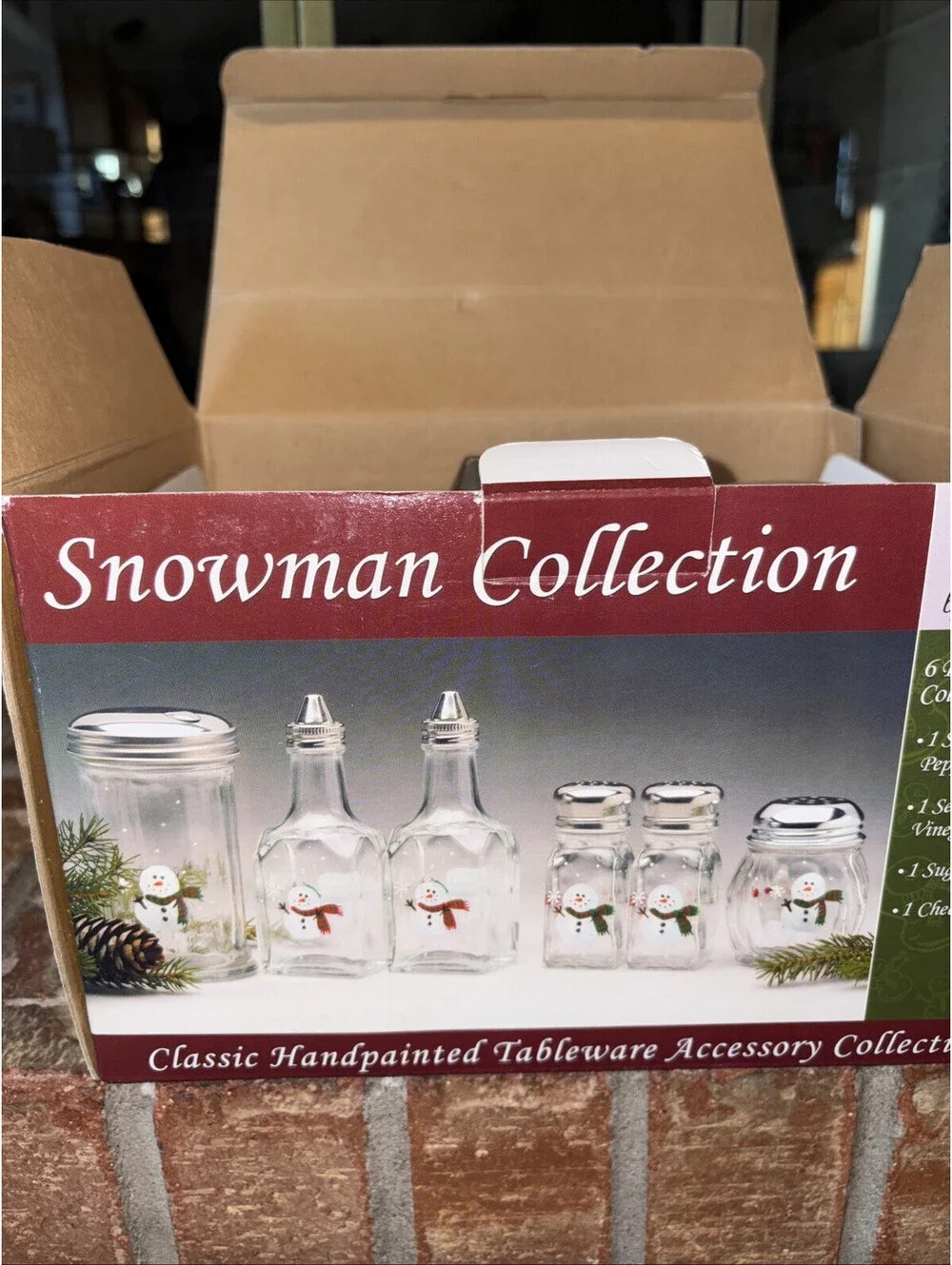 Gemco Ware SNOWMAN COLLECTION Christmas 6pc Salt Pepper Oil Vinegar Sugar Cheese